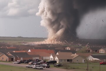 Fototapeta na wymiar Huge tornado sweeps across a small village, Generative AI