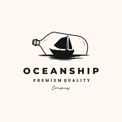 ocean sail boat vintage logo vector minimalist illustration design, bottle of sail boat in the ocean symbol design