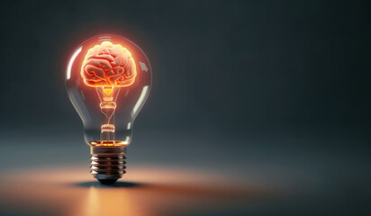 Brain shaped filament light bulb. Conceptual illustration for idea, creativity, solution, innovation, invention, inspiration, imagination - Generative AI