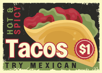 Mexican tacos retro promo poster, vintage sign vector template.
