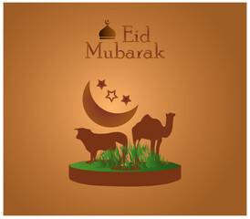 Eid Mubarak Arabic and English Typography. Creative idea and Concept Design Eid Mubarak. Eid al Adha greeting card. Animals to sacrifice for muslim eid-ul-adha. Vector illustration for Eid.
