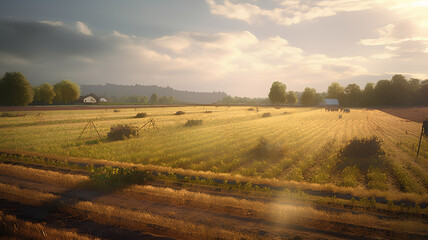 Obraz premium Field. Wheat harvest. Village. Ai