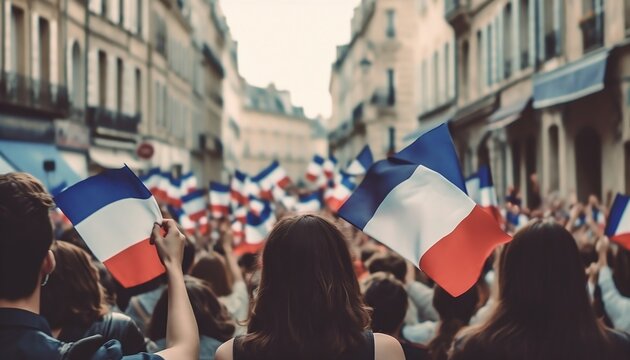 View From Behind On A Group Of People Waving French Flags On A Street Generative AI