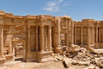 View of the ruins of the Theater of Queen Zenobia of the ancient Palmyra city built in the 1st to 2nd century. UNESCO World Heritage.