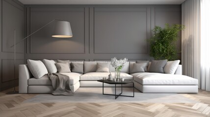 Modern minimalist living room. Gray walls, large corner sofa, black coffee table, decorative plant, floor lamp, parquet floor with gray carpet, large window with gray curtains. Mockup, Generative AI