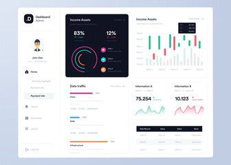 Infographic dashboard. UI design with graphs, charts and diagrams. Web interface template for business presentation.	
