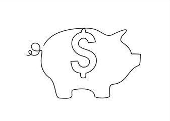 One Continuous line drawing of 
Piggy bank. Money box. Vector illustration.