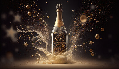 champagne bottle and glass with sparkles. generative AI
