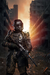 Post-apocalyptic world, a soldier wearing unique anti-nuclear armor stands with a conceptual rifle amidst the ruins of a city destroyed by nuclear war