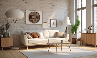 Beautiful 1960s-style living room, white with orange accents. Created using generative AI tools