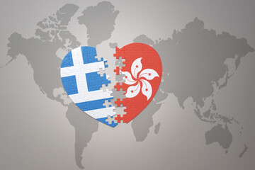 puzzle heart with the national flag of hong kong and greece on a world map background.Concept.
