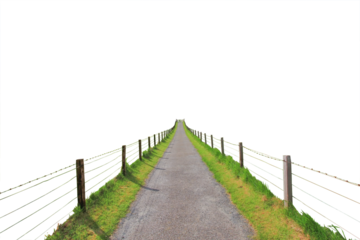 Cutout of an isolated small farm road with fences leading to the wooden gate on  a hill  with the transparent png 