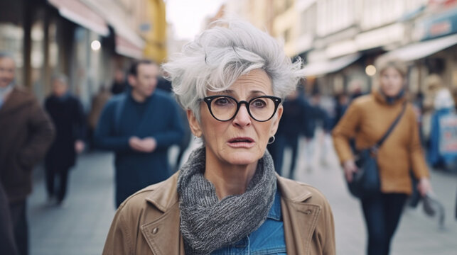 an old woman with gray hair, thinks and seems confused or shocked, scared or frightened, in a crowded shopping street, fictional place