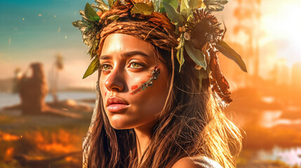 young adult woman as a young generation, young, as a mother or daughter nature, with a wreath of flowers on her head, depressed, sad hopeless, nature and the environment, climate change