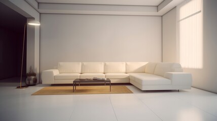 Modern minimalist living room. White empty walls, large corner sofa, coffee table, white floor with yellow carpet, large window with curtains. Mockup, 3D rendering. Generative AI