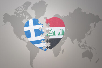 puzzle heart with the national flag of iraq and greece on a world map background.Concept.