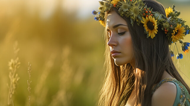 Young Adult Woman As A Young Generation, Young, As A Mother Or Daughter Nature, With A Wreath Of Flowers On Her Head, Depressed, Sad Hopeless, Nature And The Environment, Climate Change