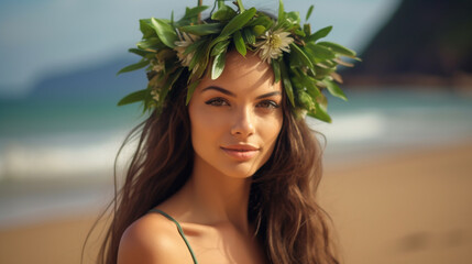 young adult attractive woman with floral decoration on head, on the beach, tropical, beauty or honeymoon, portrait close-up, sea water and sandy beach under warm sun with sunlight, fictional location