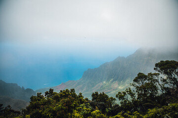 Foggy mist over the ocean and Kokee State Park on the island of Kauai, Hawaii