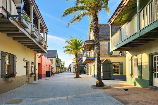 View of St George Street in St Augustine, FL. Founded in 1565 by Spanish explorers, it is the oldest continuously inhabited European-established settlement in the contiguous USA