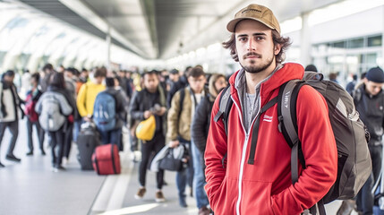 young adult man with backpack and red rain jacket, at the crowded airport or train station, rush busy crowd, queue, arrival or departure, fictional place