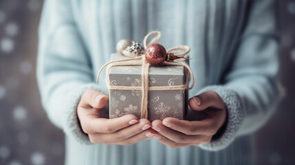 a young adult woman wearing a blue thick winter sweater, close-up on her hands, holding a small gift, christmas and winter, christmas present, receiving a gift or giving a gift