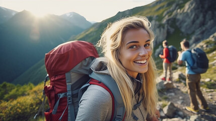 Naklejka premium young adult woman with blond hair, hiking or mountaineering, backpack, backpacker, traveling with friends, group trip, caucasian, smiling happy, fictional location