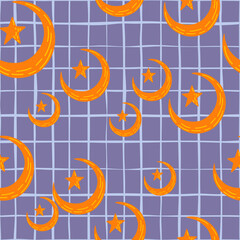 Seamless pattern with hand drawn moon and stars silhouettes print.