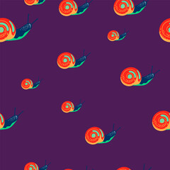 Cute snails seamless pattern. Funny cartoon character wallpaper in doodle style.