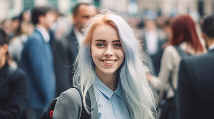 young adult woman with long hair dyed blonde-blue wears a gray suit and a blue shirt, in a big city, crowd and busy, smiling happy and having fun, career or student, good mood