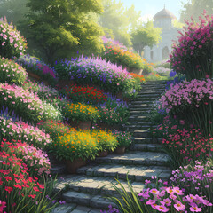 Vintage garden park environment with assortment colorful flowers. 3D Realistic. 3D Illustration. Fantasy garden. Digital art