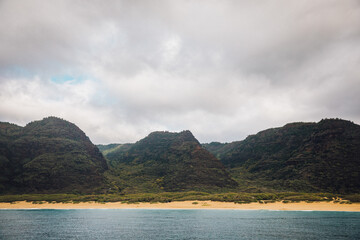 Close up view of the Na Pali Coast mountains from a sunset cruise in Kauai, Hawaii