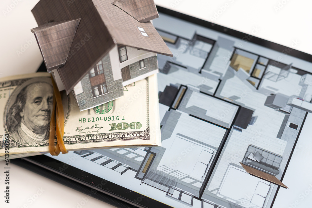 Poster small house model is on table and icons home electronics devices connecting with wireless. smart hom