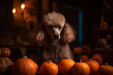 Halloween pumpkin jack o lantern and poodle, AI Generated