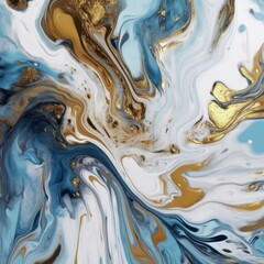 Abstract wavy acrylic paint mix in blue, gold, beige and white. Abstract art, artistic texture. Multicolored bright background. Generative AI