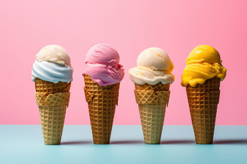 Delicious creamy icecream, ice cream scoops in waffle cones, AI Generated