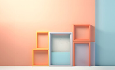 Abstract minimal concept. Pastel multi colour background with empty blank bookshelf shelf frame, abstract landscape. Mock up template for product presentation. 3D rendering. copy text space   © Sandra Chia