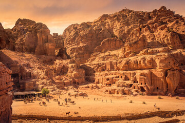 Scenic view of the Street of Facades and surrounding mountains, Petra, Jordan