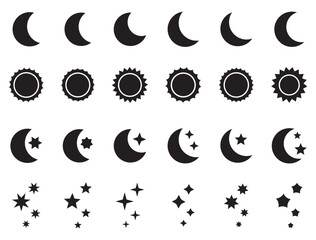 Night icon of the moon with stars and sun icon, vector on white background.