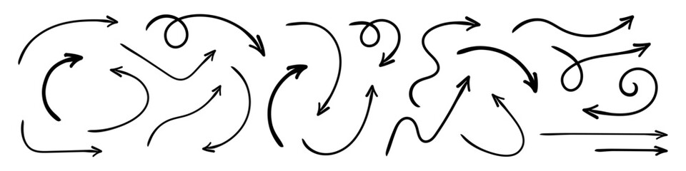 Hand drawn curved arrows . Sketch doodle style. Collection of pointers.