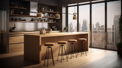Modern loft kitchen with breakfast bar in an urban luxury apartment. Wooden floor, wooden bar counter with bar stools, open shelves, floor-to-ceiling windows with city view. Generative AI