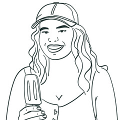 Beautiful girl with ice-cream. Summer vector illustration, line art.
