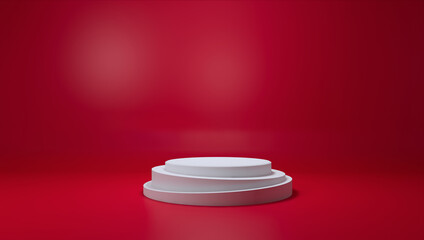 Abstract white circular podium on red background 3D Illustration