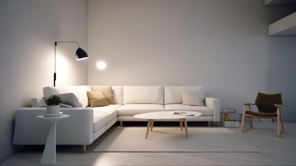 Fototapeta na wymiar Modern minimalist living room. White empty walls, large corner sofa, round coffee table, wooden armchair, floor lamp, gray carpet. Mockup, 3D rendering. Generative AI