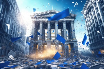 The building of the European bank is collapsing, the flag of the European Union is disintegrating. Bank bankruptcy. Banking crisis, falling stocks. The collapse of the financial system. Generative AI
