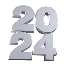 Realistic 3D silver numbers 2024 isolated transparent png. Happy New Year and Merry Christmas holidays greeting card concept for web, print design element
