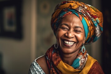 Fototapeta premium Portrait of happy senior african woman in turban Generative AI