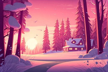 large winter forest pink sky cartoon version ,winter forest landscape,winter landscape in the woods
