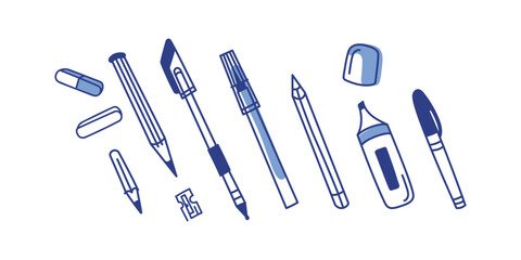 Vector set of stationery items. Doodle style. Tools composition. Pencil, pen, marker and other.
