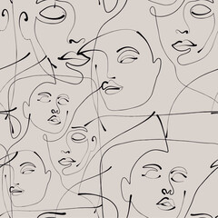 Seamless pattern line drawing of women with different faces.